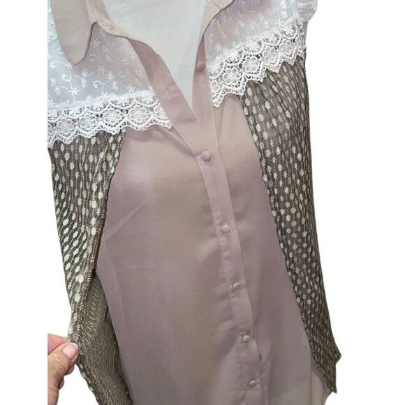 A’Reve Brown & Cream Colored Vintage Lace Style Sleeveless Button Front Blouse S - Picture 10 of 13